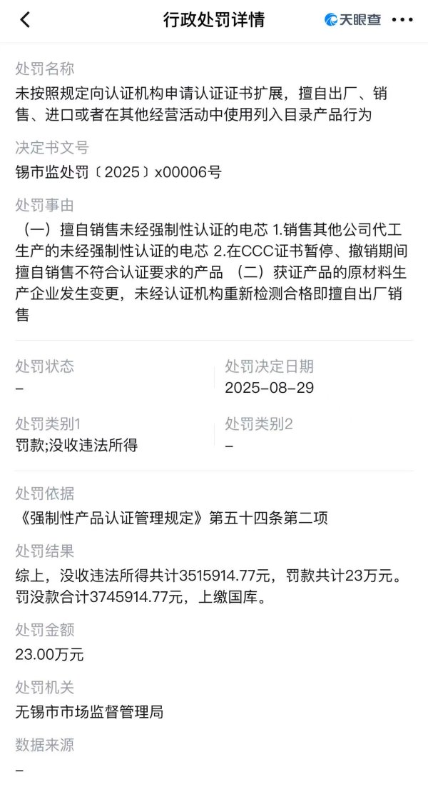 顺阳网 擅自销售未认证电芯，罗马仕供应商安普瑞斯被罚没374万